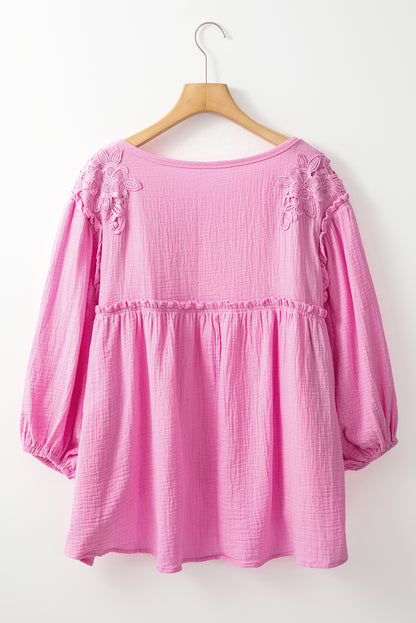 Pink Lace Accent Bracelet Sleeve Babydoll Blouse