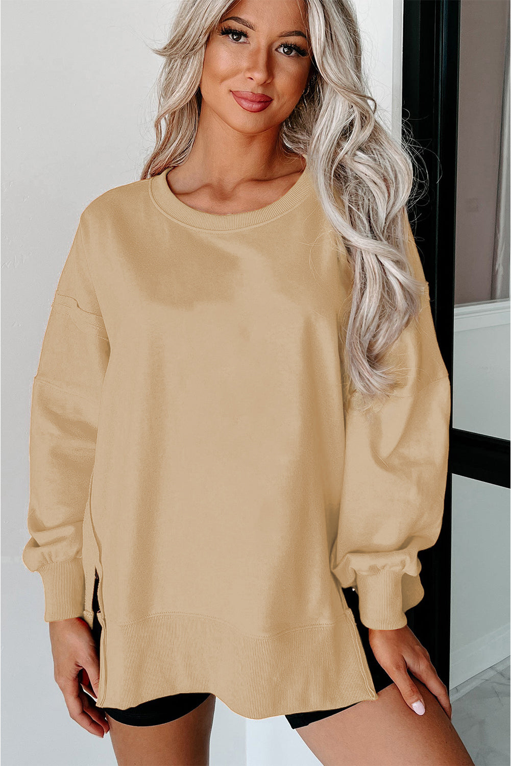 Light French Beige Exposed Seam Drop Shoulder Round Neck Sweatshirt with Slits