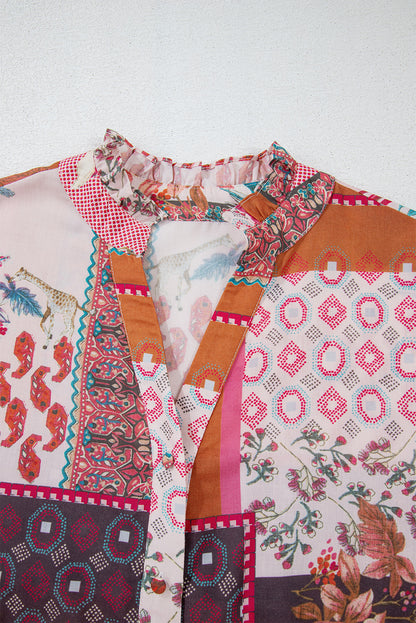 Red Boho Geometric Mixed Print Patchwork Bubble Sleeve Shirt