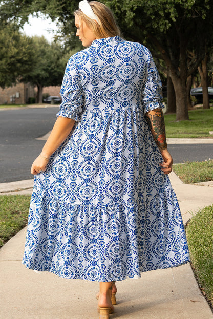 Sky Blue Geometric Print Lace-up Notch Neck Plus Size Maxi Dress