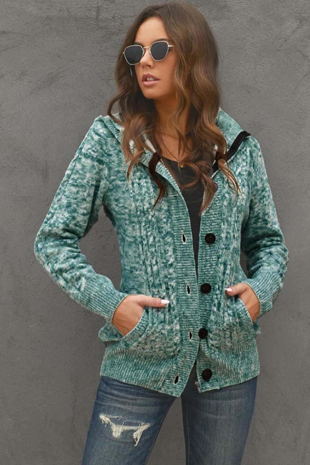 Green Long Sleeve Button-up Hooded Cardigans