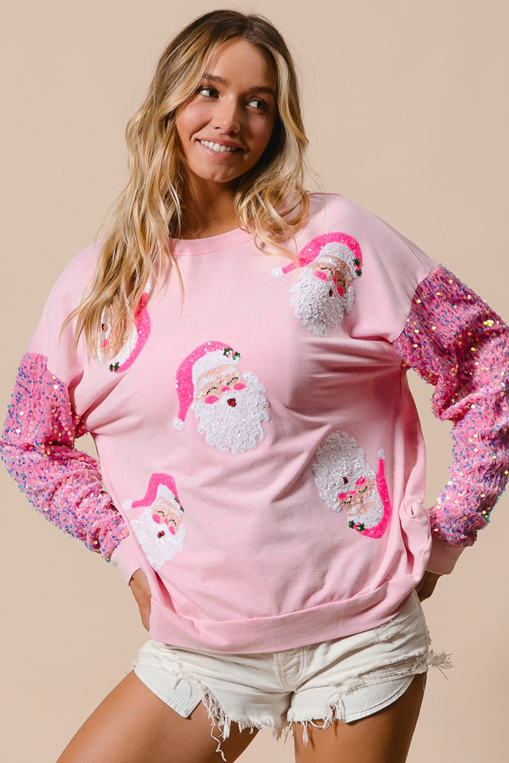 Pink Sequined Santa Claus Long Sleeve Christmas Sweatshirt