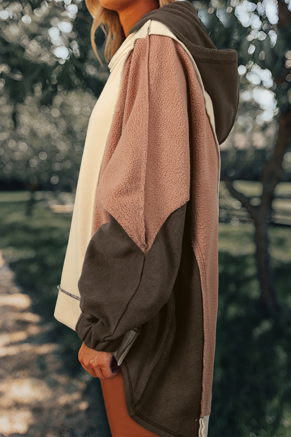 Beige Oversized Color Block Patchwork High Low Hoodie