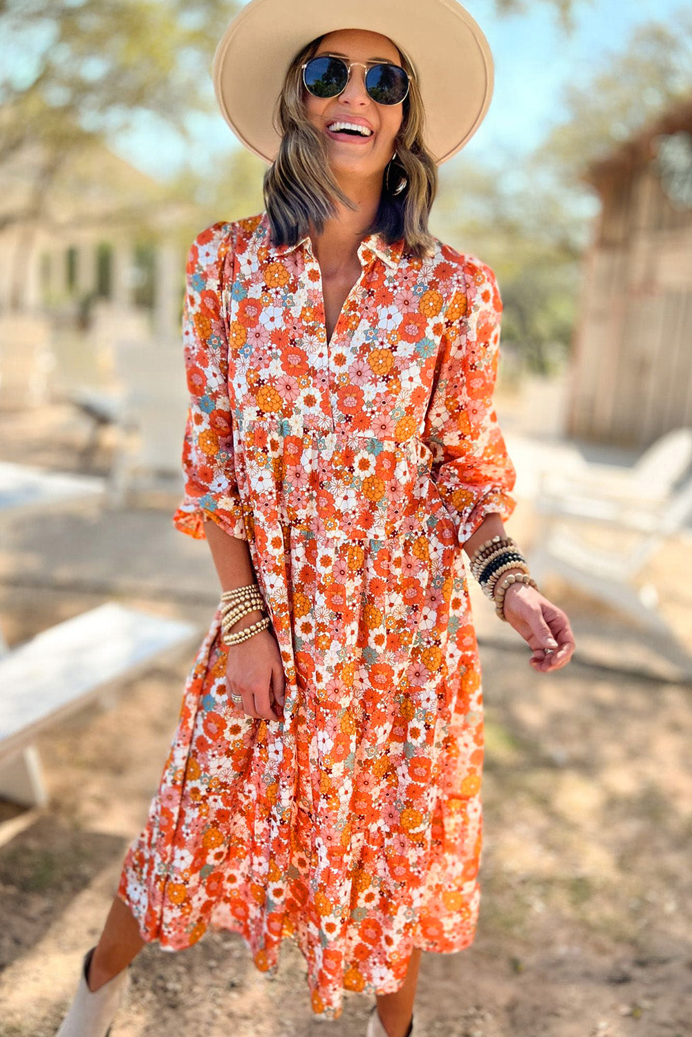 Multicolor Boho Floral Collared Long Sleeve Ruffled Midi Dress