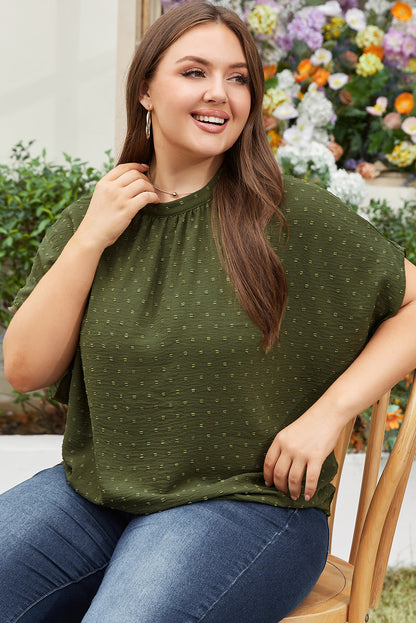 Moss Green Plus Size Swiss Dot Mock Neck Tied Nape Top