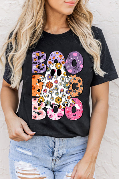 Black BOO Floral Ghost Print Crew Neck Halloween T-Shirt