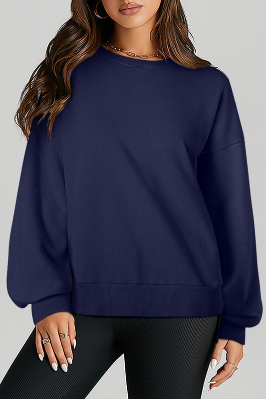 Navy Blue Solid O Neck High Low Hem Pullover Sweatshirt