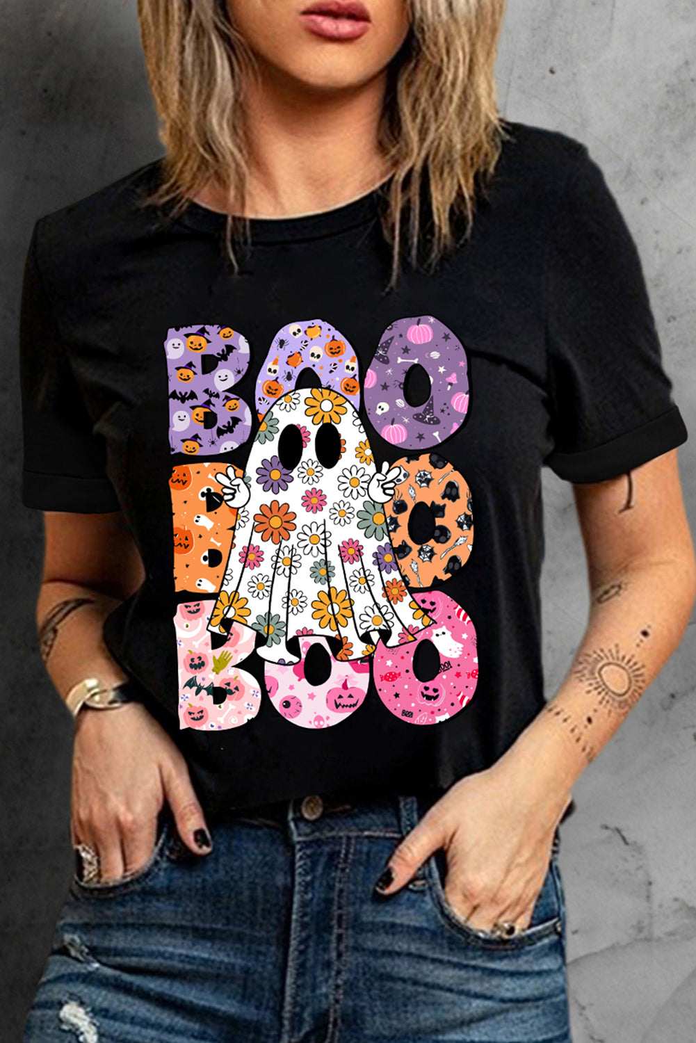 Black BOO Floral Ghost Print Crew Neck Halloween T-Shirt