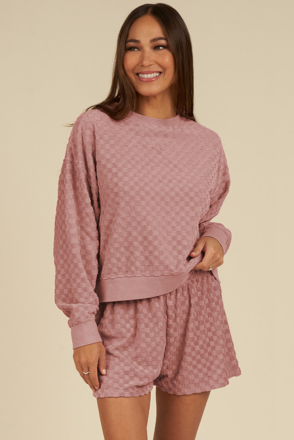 Blossom Checkered Textured Long Sleeve Top and Shorts Set