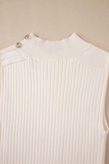 White Ribbed Knit High Neck Sweater Vest