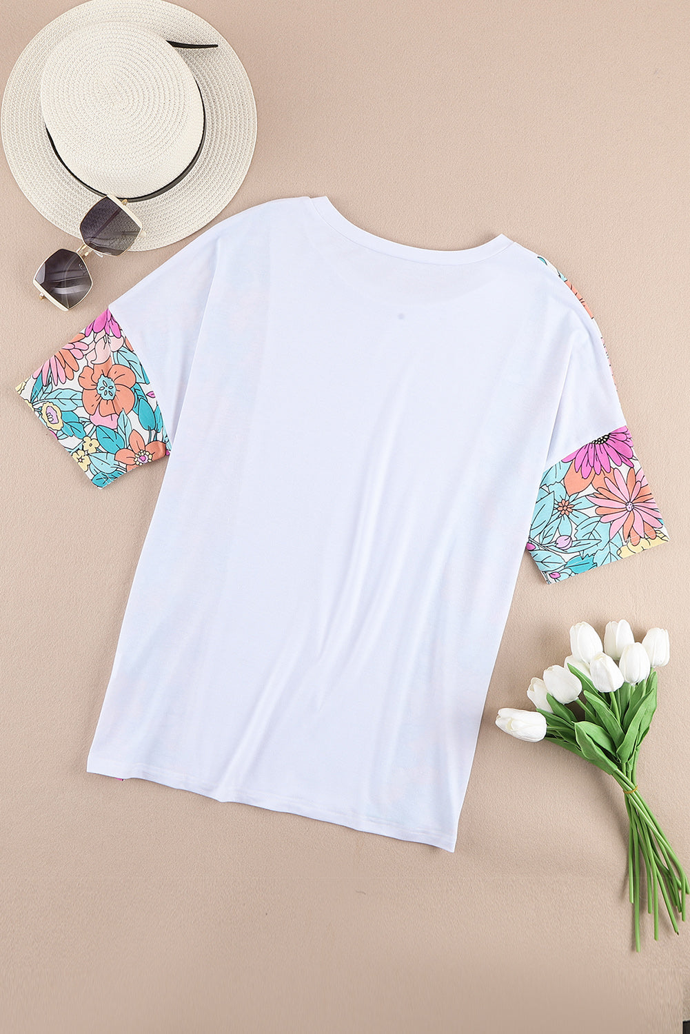 White Floral Print Patchwork Short Sleeve Top