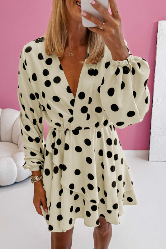 Beige Polka Dot Printed Surplice V-Neck Puff Sleeve Mini Dress