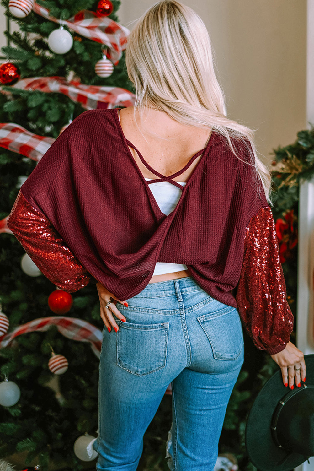 Burgundy Sequin Patchwork Sleeve Open Back Waffle Knit Top