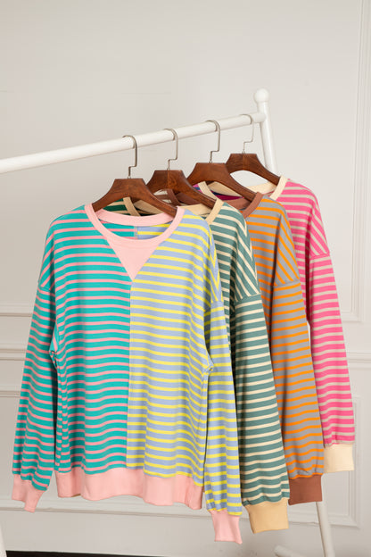 Green Stripe Colorblock Drop Shoulder Oversize Sweatshirt