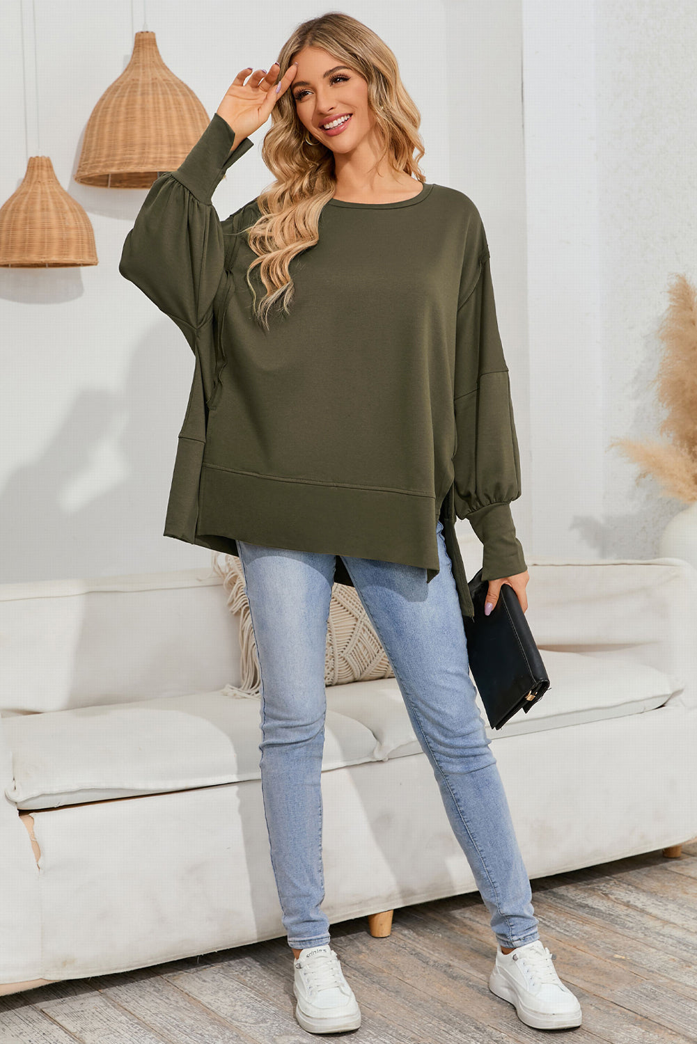 Green Patchwork Drop Shoulder Oversized Top