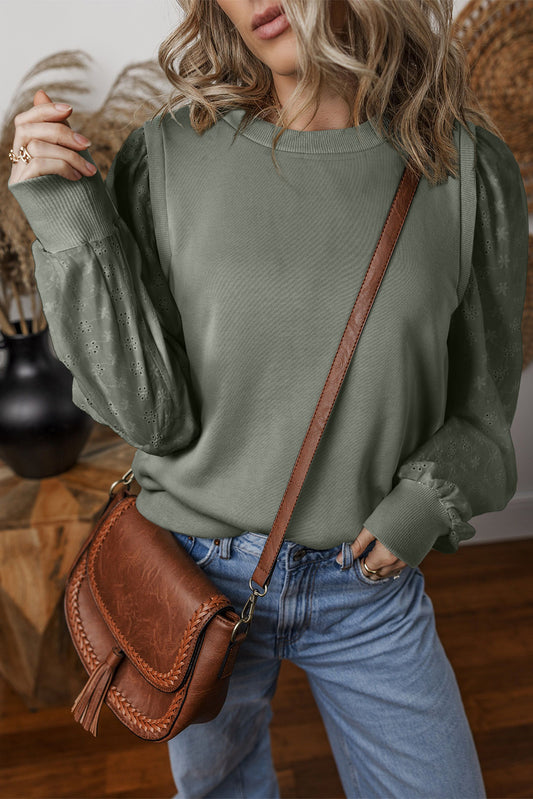 Grayish Green Solid Patchwork Sleeve Round Neck Sweatshirt