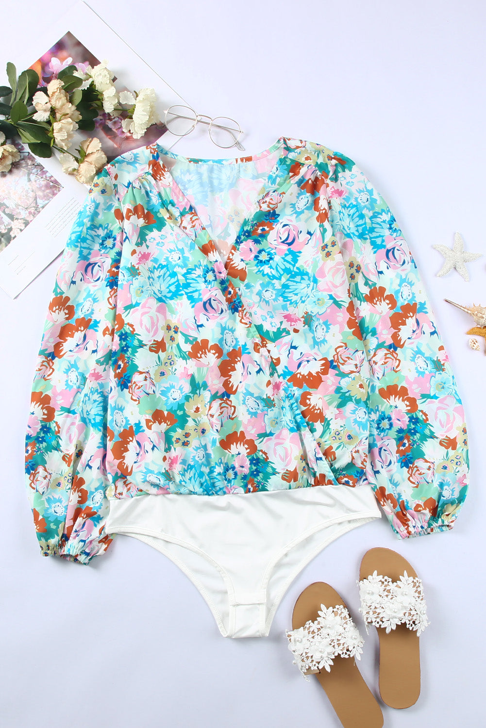 Sky Blue Floral Print Wrap Long Sleeve Bodysuit