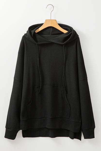 Black Waffle Knit Fleece Lined High Low Oversized Hoodie