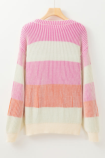 Pink Colorblock Textured Knit Bubble Sleeve Sweater