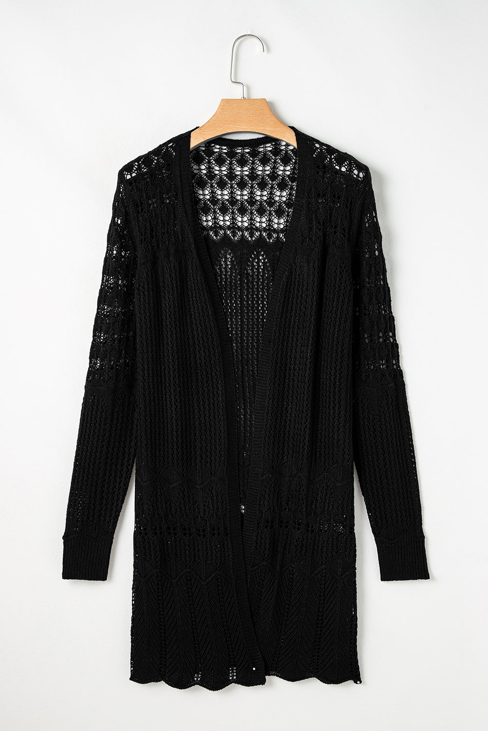 Black Crochet Hollow Out Open Front Cardigan