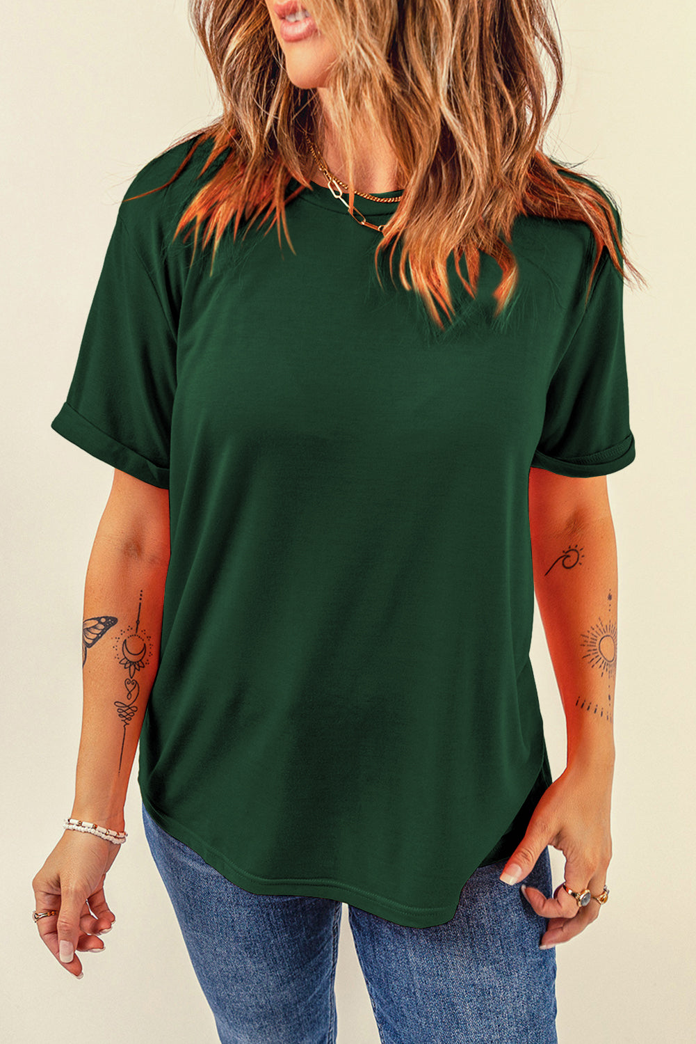 Green Casual Plain Crew Neck Tee