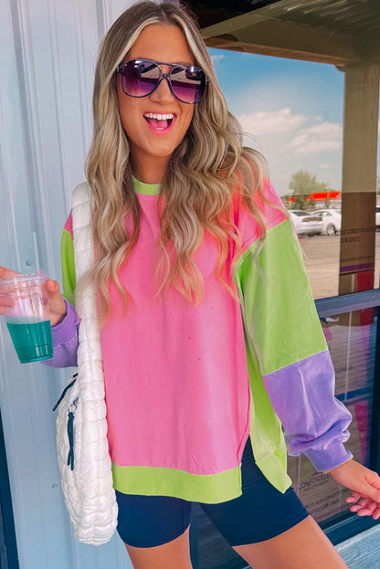 Pink Colorblock Exposed Seam Crewneck Casual Sweatshirt