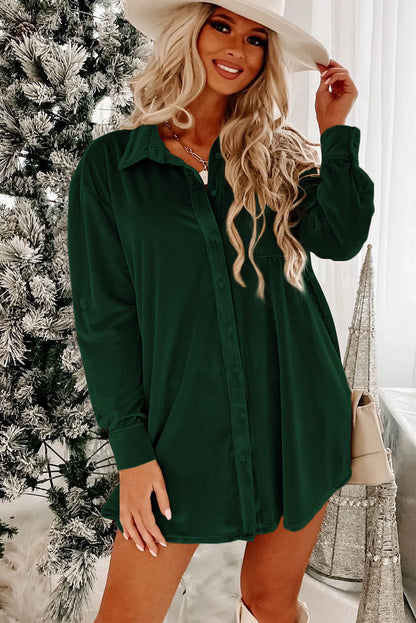 Blackish Green Velvet Button Front Shirt Mini Dress