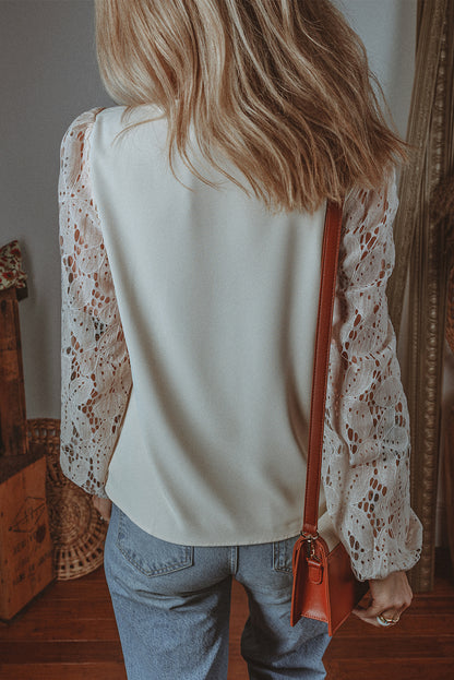 White Scalloped V Neckline Lace Hollowed Lantern Sleeve Blouse