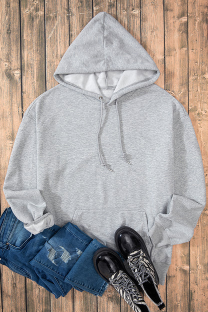 Light Grey Fleece Lined Kangaroo Pocket Drawstring Chunky Hoodie