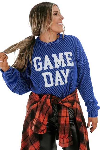 Bluing Corded GAME DAY Graphic Long Sleeve Crewneck Top