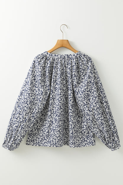 Blue Floral Print Notched V Neck Puff Sleeve Blouse