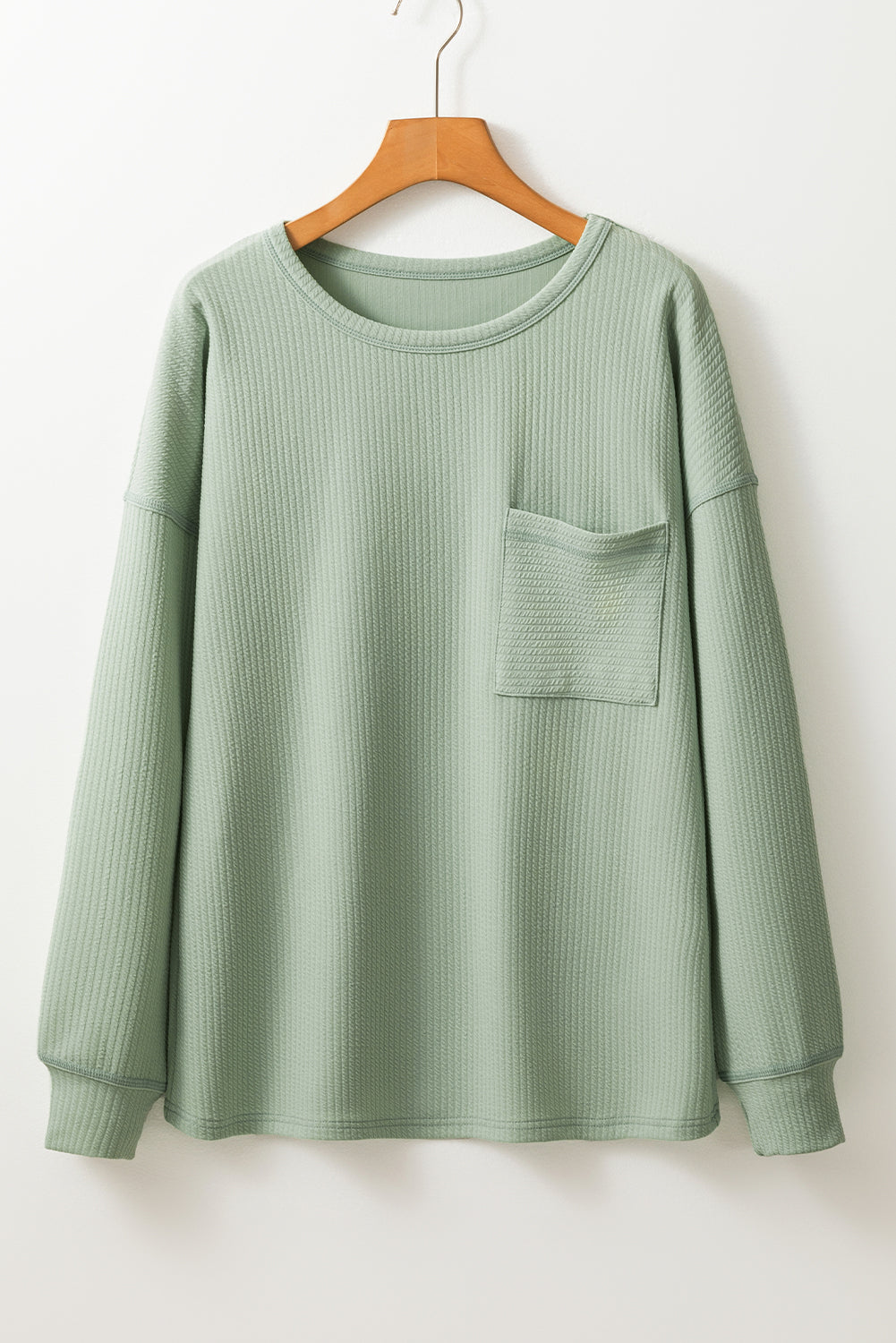 Clearly Aqua Solid Color Corded Drop Shoulder Long Sleeve Top