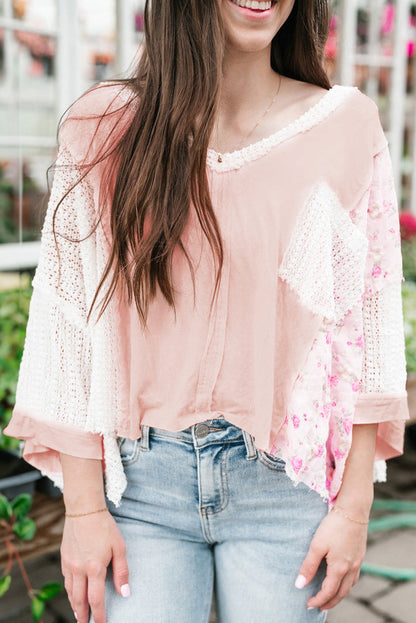 Delicacy Floral Lace Crochet Patchwork Batwing Sleeve Blouse