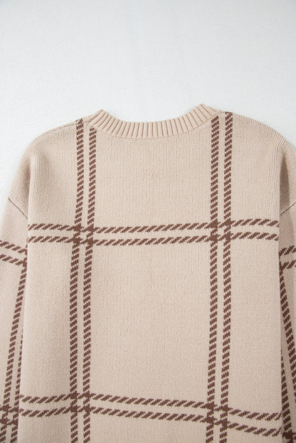 Khaki Plaid Pattern Knitted Drop Shoulder Sweater