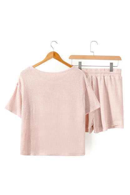 Apricot Pink Waffle Knit Short Sleeve Tee and Shorts Lounge Set