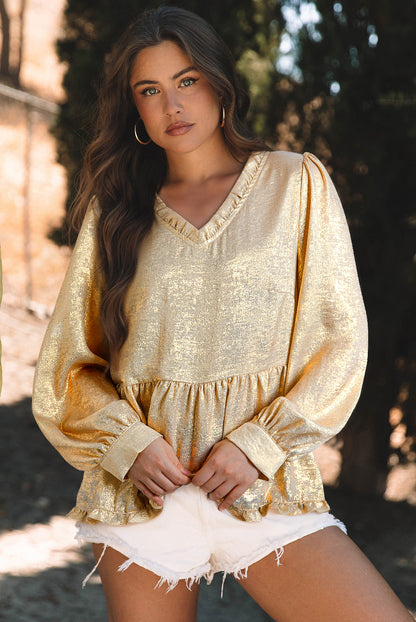 Gold Metallic Frilled V-Neck Puff Sleeve Babydoll Blouse