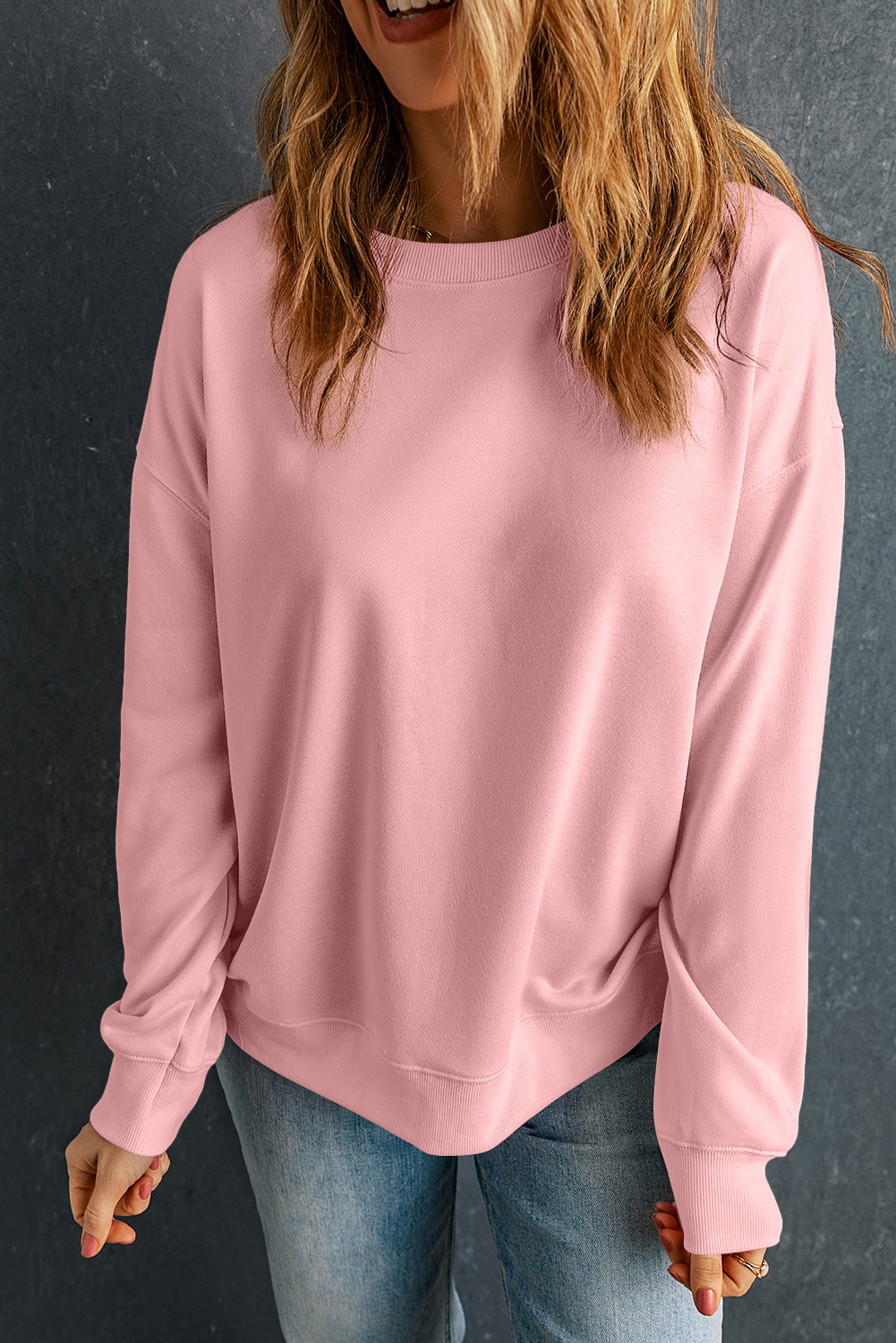 Pink Solid Classic Crewneck Pullover Sweatshirt