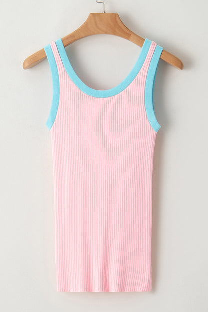 Pink Colorblock Edge Ribbed Knit U Neck Tank Top