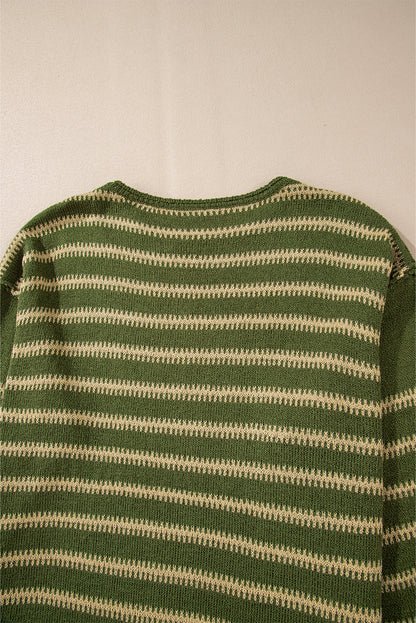 Green Stripe Drop Shoulder Casual Sweater