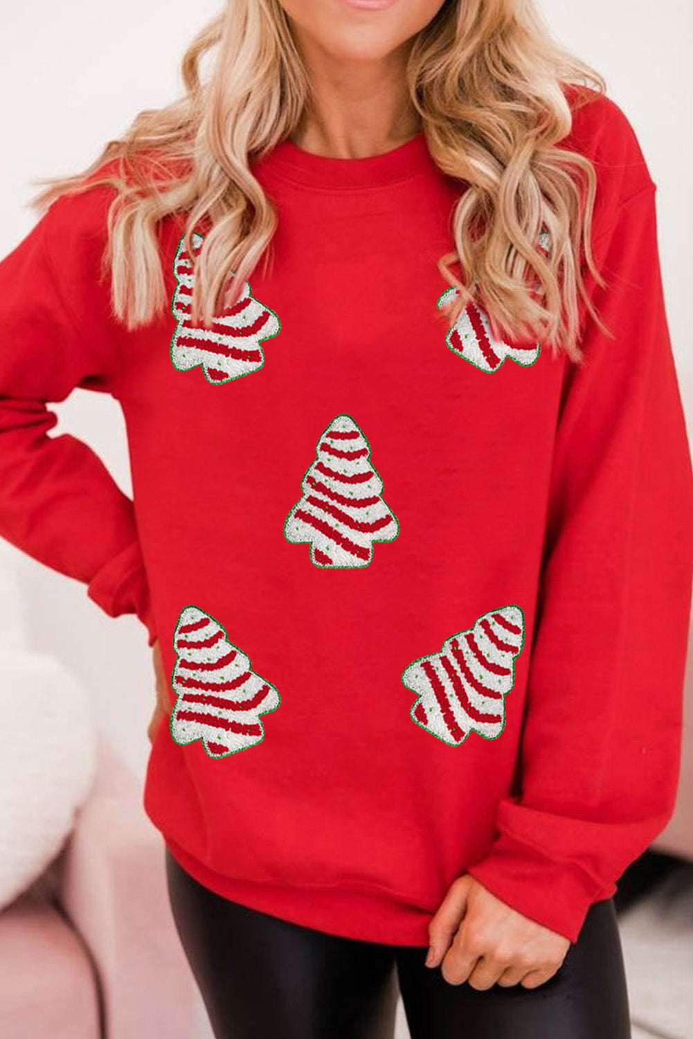 Red Playful Christmas Tree Patched Dropped Shoulder Sweatshirt