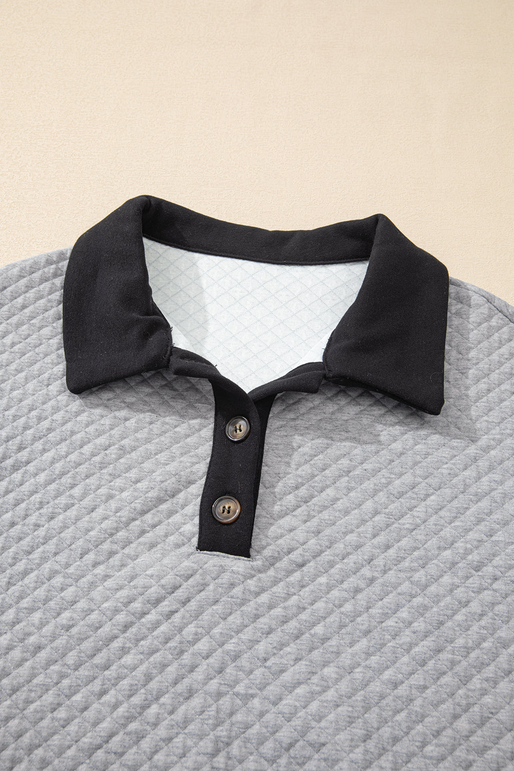 Light Grey Textured Colorblock Edge Buttoned Collar Sweatshirt