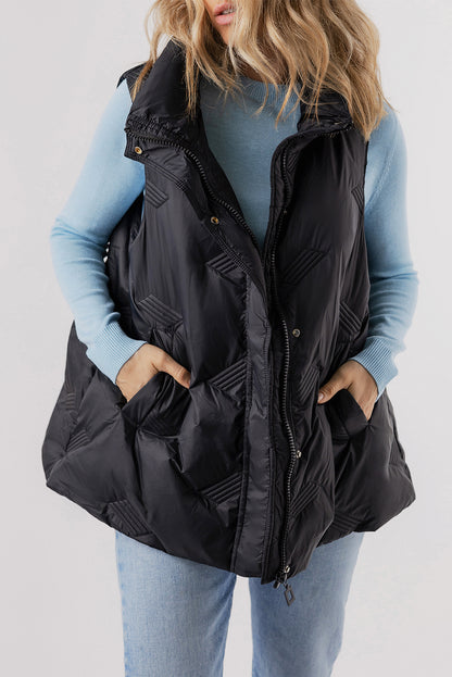 Black Quilted High Neck Zip Up Jacket Vest