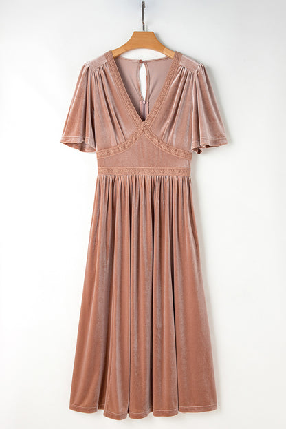 Chestnut Velvet Lacy V Neckline Short Sleeve Empire Waist Flowy Maxi Dress