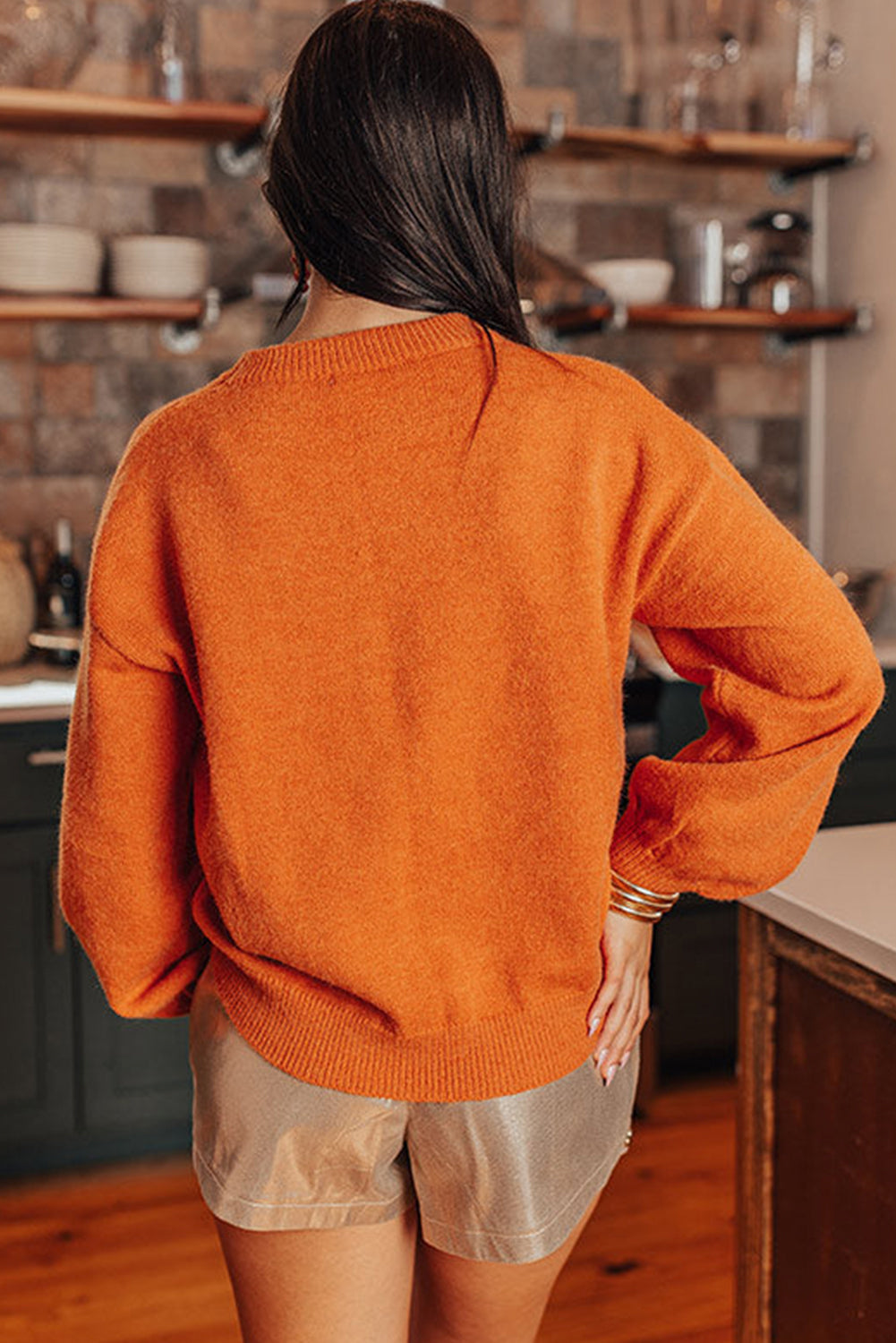 Russet Orange Thanksgiving Tinsel Drop Shoulder Crew Neck Sweater