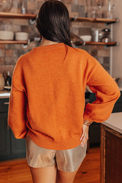 Russet Orange Thanksgiving Tinsel Drop Shoulder Crew Neck Sweater