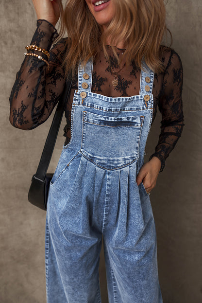 Light Blue Mineral Wash Buttoned Straps Wide Leg Denim Overalls