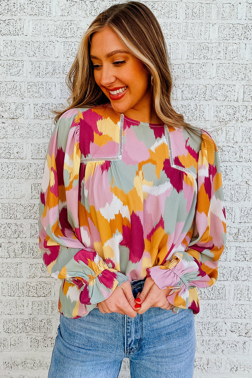 Multicolor Abstract Printed Long Sleeve Blouse