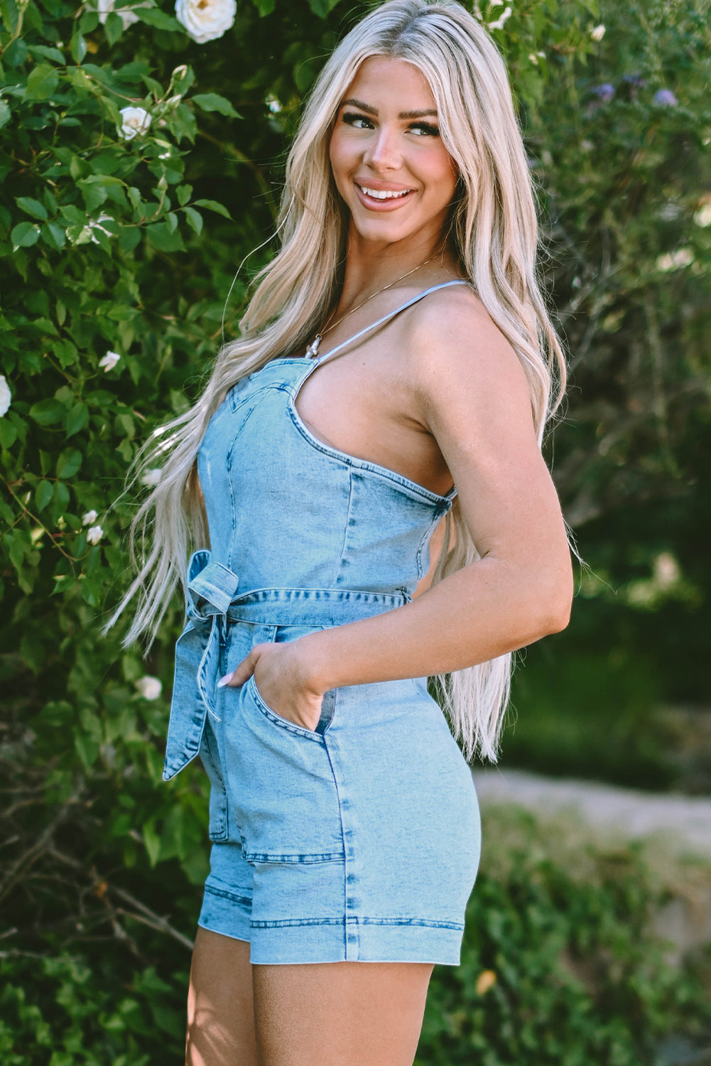 Beau Blue Spaghetti Straps Belted Denim Romper