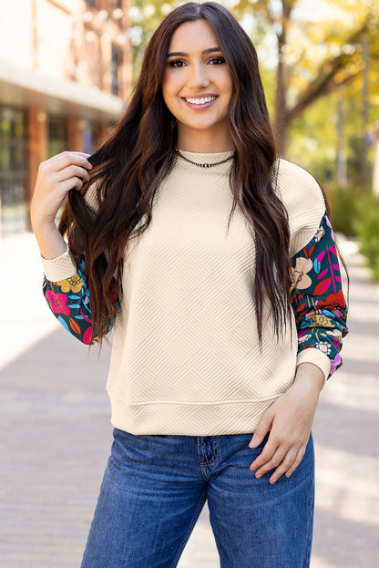 White Contrast Floral Sleeve Textured Drop Shoulder Knit Top