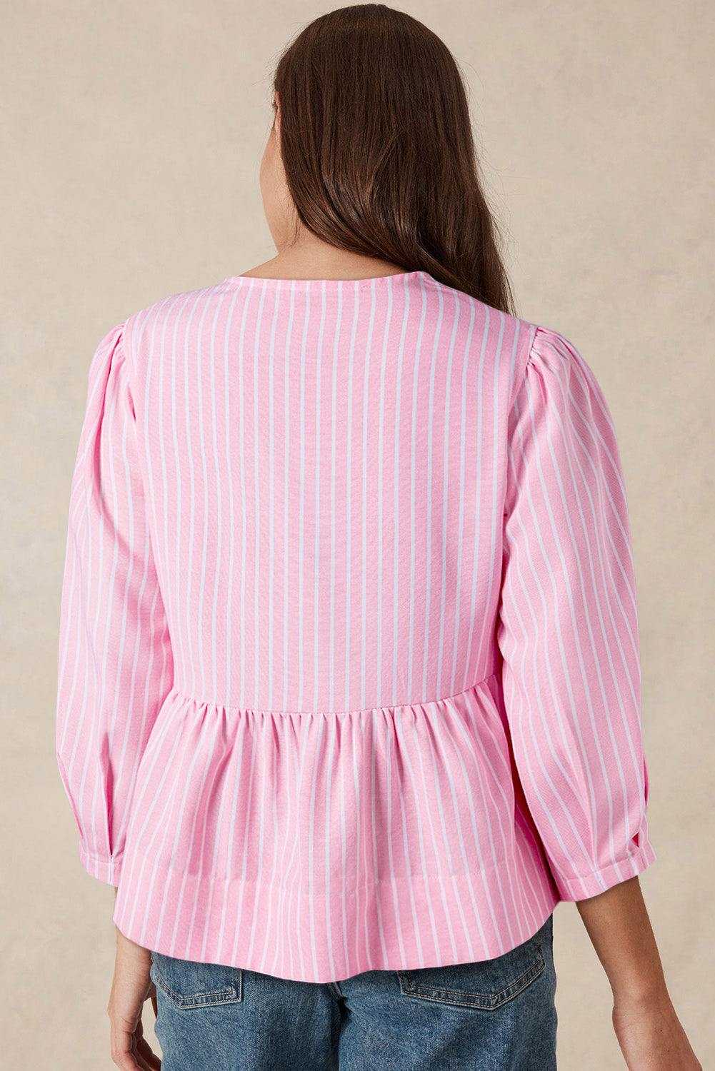 Pink Stripe Bowknot Front Crew Neck Puff Sleeve Blouse